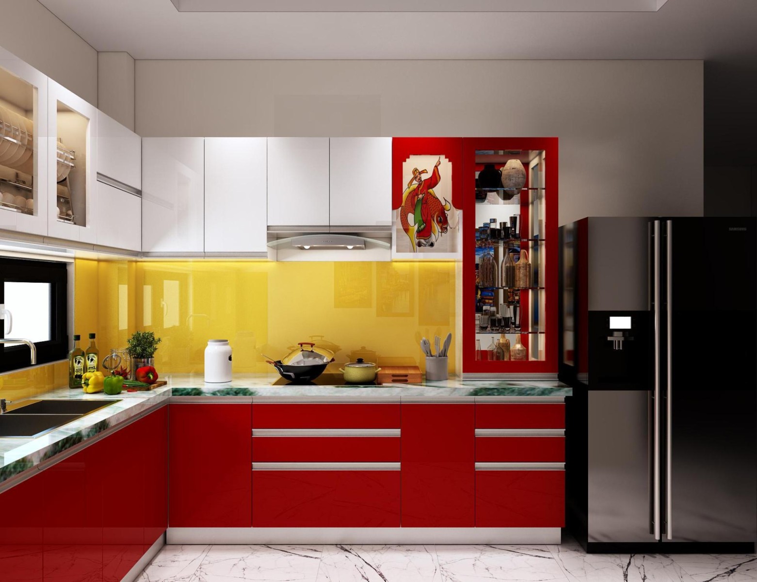 Tủ bếp acrylic tông đỏ nổi bật 1