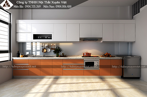 Tủ bếp màu cam trắng laminate nhựa PVC Xuyên Việt 1