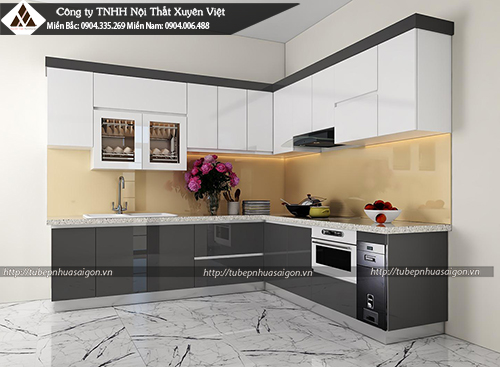 Tủ bếp acrylic nhựa PVC màu trắng kết hợp xám chị Vy Đồng Nai