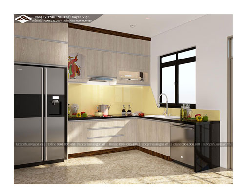 Hình ảnh bộ tủ bếp laminate bằng nhựa PVC đặc đầy sang trọng trong căn bếp nhà chú Trương