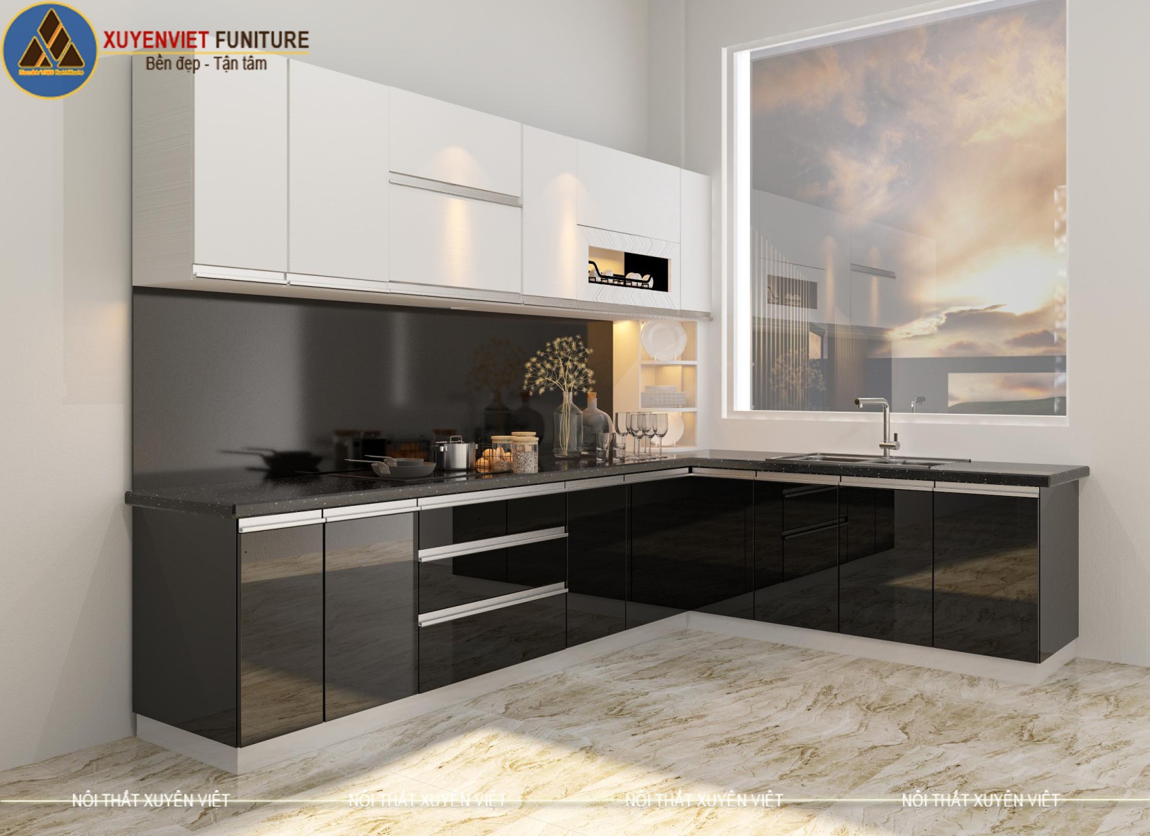 tu-bep-nhua-acrylic- tong-trang-den-vo-cung-noi-bat