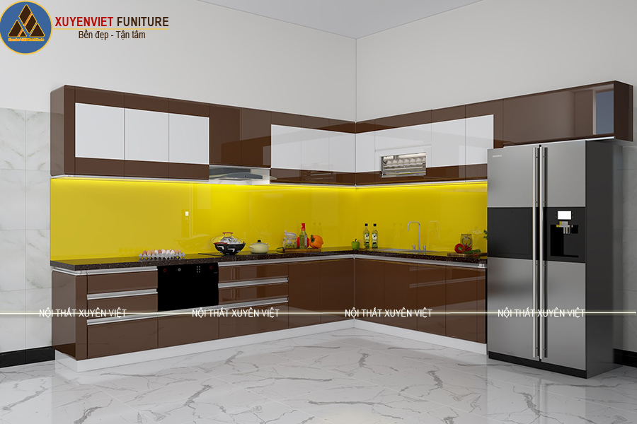 Mẫu tủ bếp cánh boom hiện đại bằng nhựa PVC nhà anh Phục - Phan Thiết