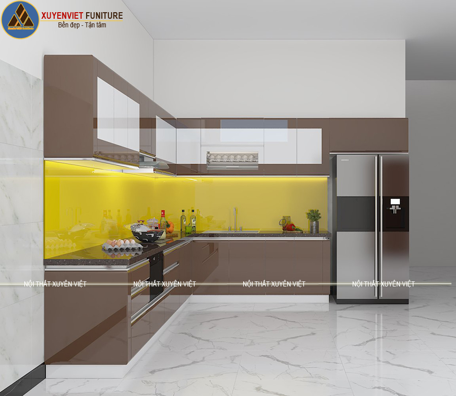 Mẫu tủ bếp cánh boom hiện đại bằng nhựa PVC nhà anh Phục - Phan Thiết