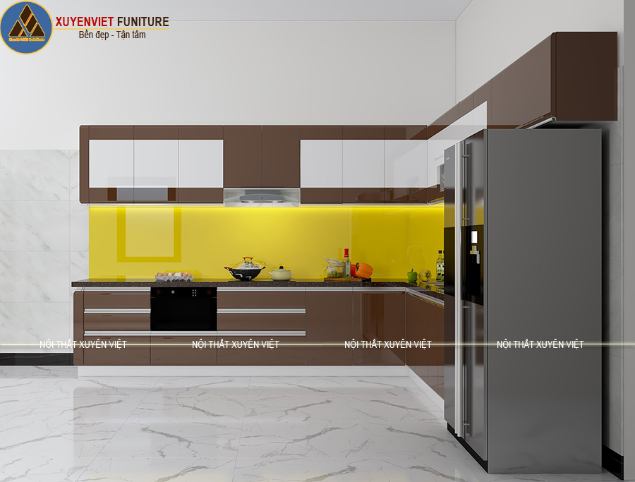 Mẫu tủ bếp cánh boom hiện đại bằng nhựa PVC nhà anh Phục - Phan Thiết