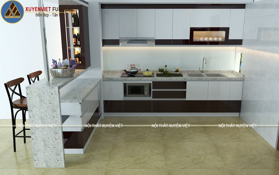 Mẫu tủ bếp nhựa đẹp có quầy bar nhà anh Biển