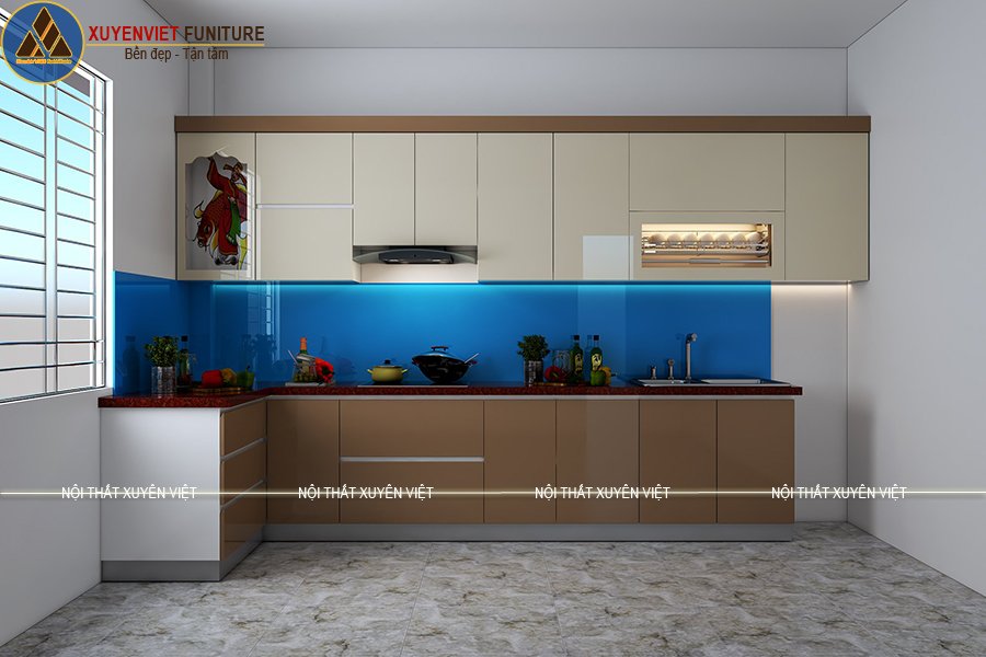 Mẫu tủ bếp nhựa phủ acrylic tông kem nâu đầy cuốn hút nhà cô Hương - Tân Bình Mẫu tủ bếp đẹp tông kem nâu đầy cuốn hút nhà cô Hương - Tân Bình
