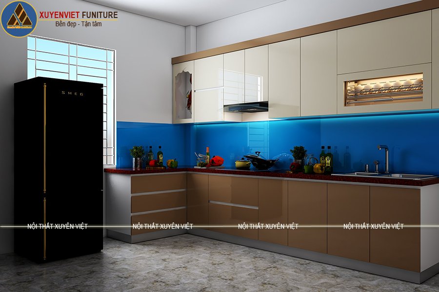 Tủ bếp hiện đại nhà cô Hương ở một góc nhìn khác Mẫu tủ bếp đẹp tông kem nâu nhà cô Hương - Tân Bình
