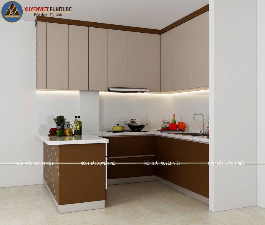 Góc nhìn khác của bộ tủ bếp hiện đại bằng nhựa PVC Tủ bếp cao cấp phủ laminate nhà cô Huyền - quận 7