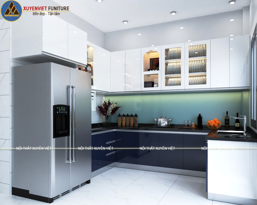 Phương án 1: tủ bếp kết hợp acrylic tông ghi đậm và sơn men bóng ô tô tông trắng Tủ bếp cao cấp phủ sơn men bóng ô tô nhà chị Diệu được Xuyên Việt lên thiết kế