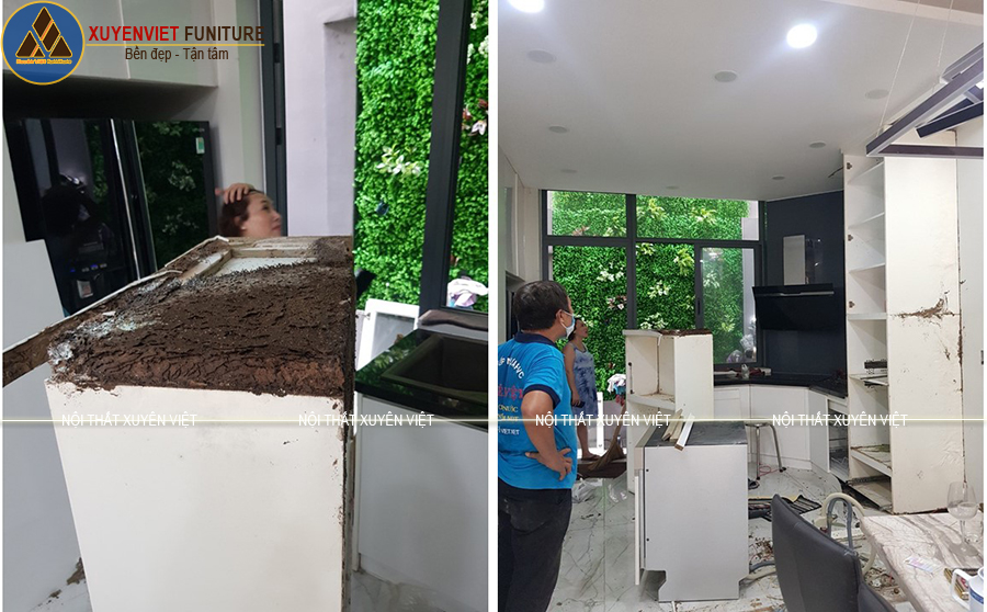 Tủ bếp MDF mối mọt nhà chị Kiều trước khi thay thế bằng tủ bếp đẹp Xuyên Việt