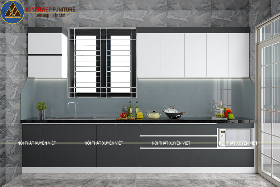 Tủ bếp nhựa acrylic nổi bật giữa không gian bếp sang trọng Tủ bếp đẹp kiểu dáng chữ I nhà cô Phương Đồng Nai