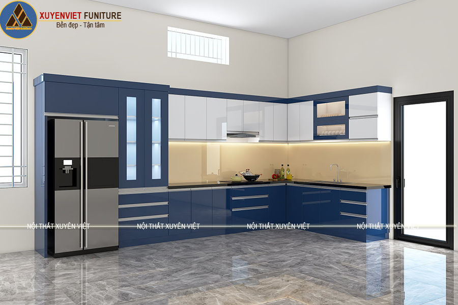 Tủ bếp đẹp phủ acrylic tông xanh trắng nhà chị Tiên Đồng Nai