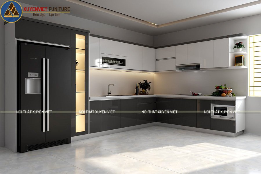 Tủ bếp đẹp bằng nhựa PVC tông trắng xám đầy sang trọng