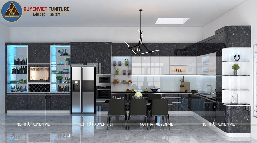Tủ bếp nhựa laminate cao cấp có vân giả đá nhà chú Hà – Thái Nguyên