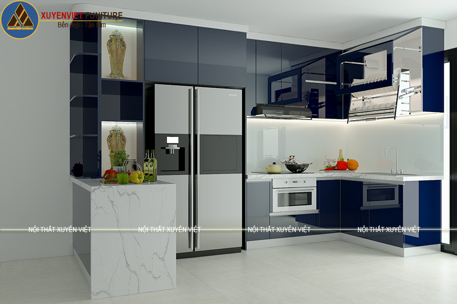 Tủ bếp nhựa cao cấp phủ acrylic tông xanh đầy sang trọng nhà anh Lân-quận 7