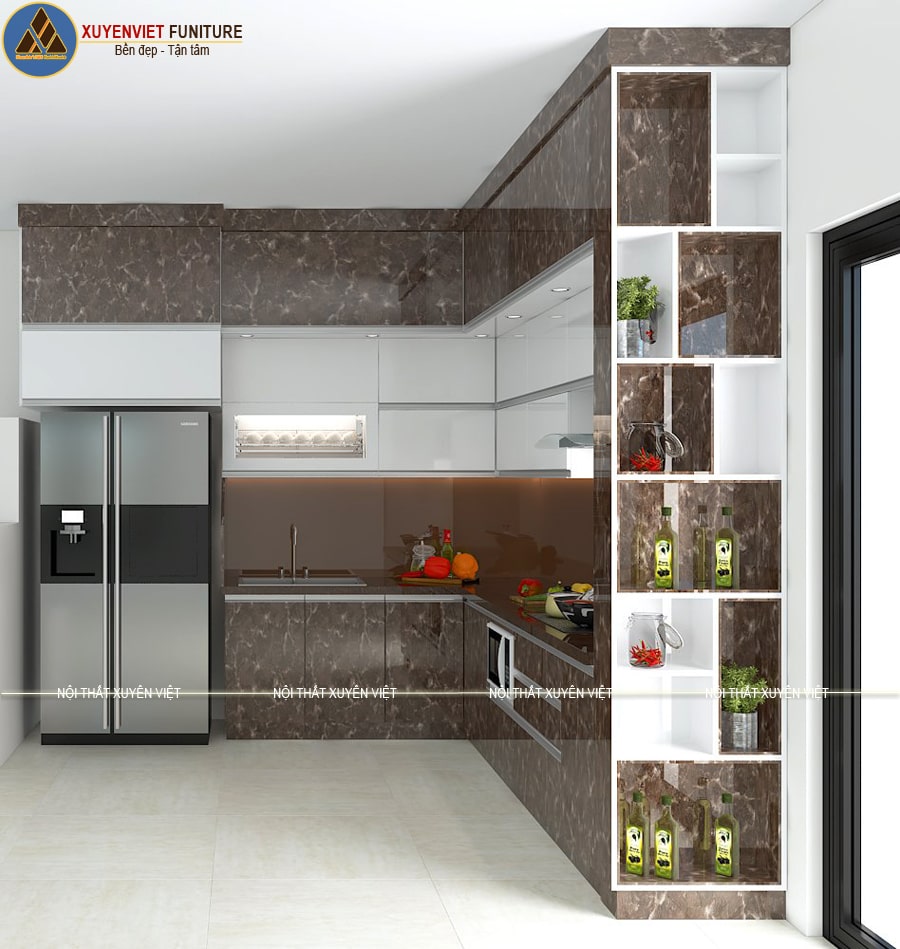 Tủ bếp nhựa đẹp có vân giả đá mới lạ nhà chị Hạnh – Hải Phòng