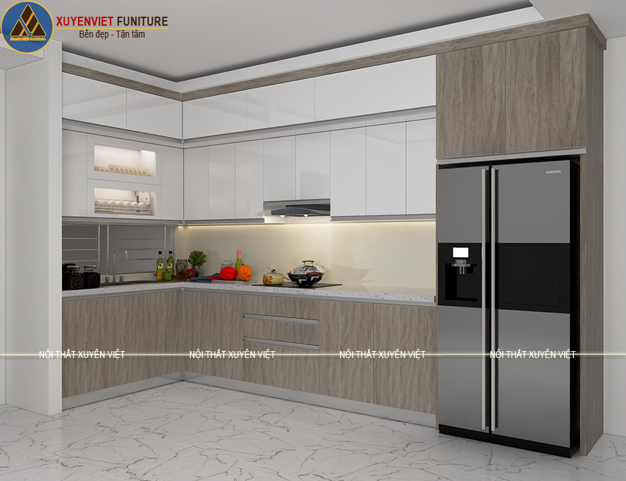 Tủ bếp nhựa đẹp vân gỗ kết hợp trắng nhà anh Thi - Phú Nhuận