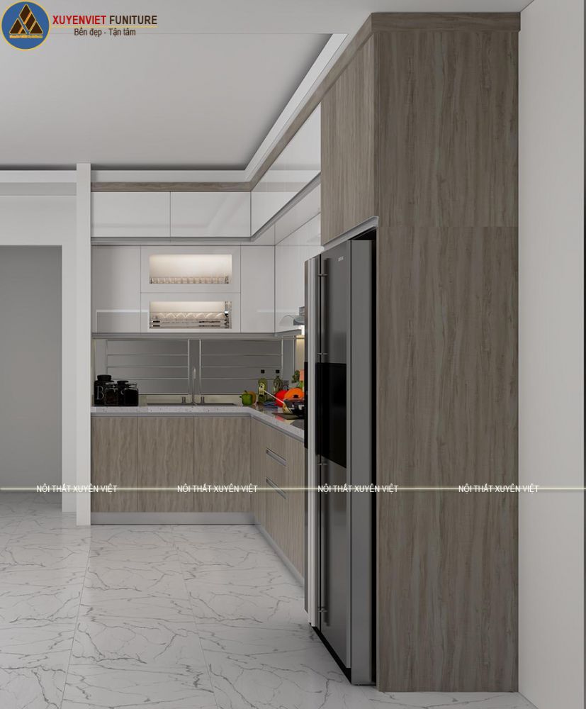 Tủ bếp nhựa đẹp vân gỗ kết hợp trắng nhà anh Thi - Phú Nhuận