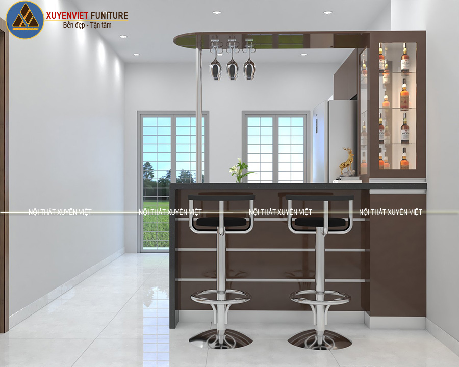 Tủ bếp nhựa có quầy bar kết hợp tủ rượu nhà chị Thủy