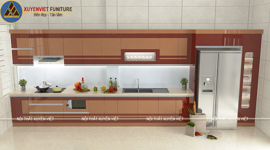 Tủ bếp nhựa sơn men bóng ô tô hiện đại nhà chú Cương Yên Bái
