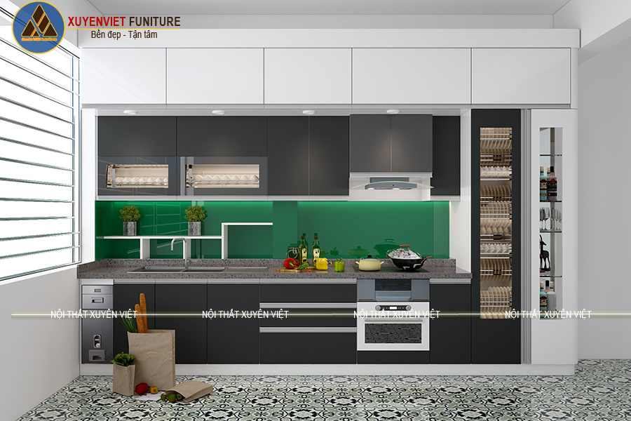 Phương án tủ bếp phủ acrylic tông đen trắng đơn giản đầy sang trọng Phương án thiết kế tủ bếp nhựa phủ acrylic nhà chú Thành - Hải Phòng