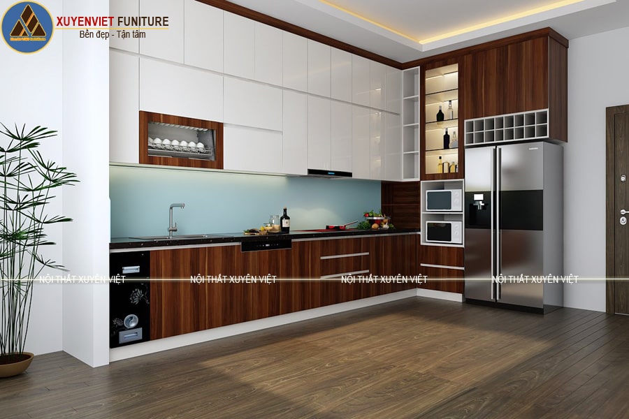 Mẫu tủ bếp hiện đại giả vân gỗ đầy sang trọng bền đẹp
