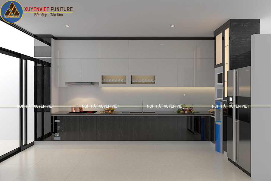 Tủ bếp nhựa cánh phẳng hiện đại phủ Acrylic đẹp nhà chị Trang