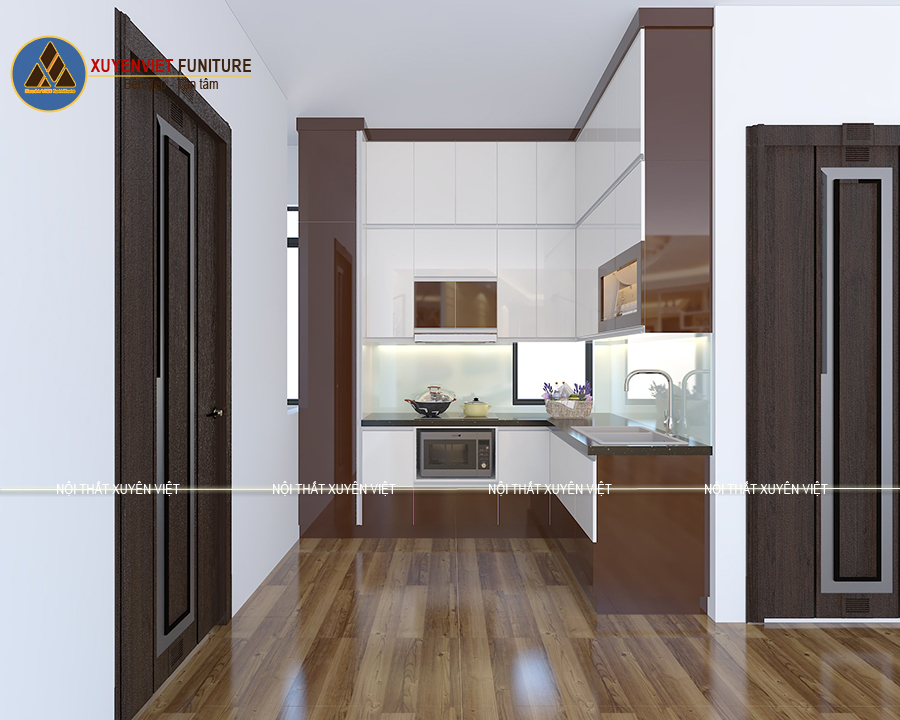 Tủ bếp chữ L sơn men bóng sau khi được lên thiết kế