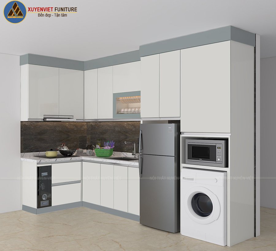 Tủ bếp chữ L với tông trắng xám hiện đại nhà chú Quyết