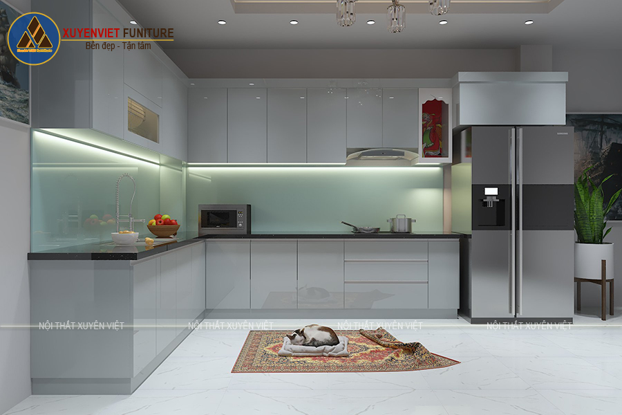 Thiết kế tủ bếp nhựa kiểu dáng chữ L hiện đại nhà chị Yến