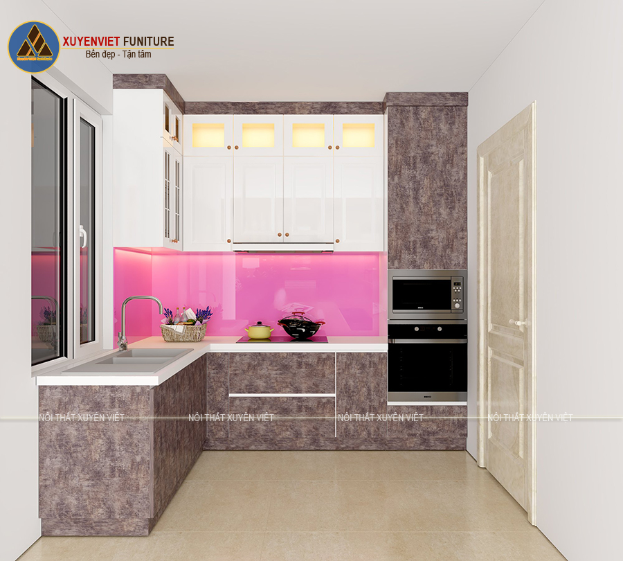 Tủ bếp nhựa cánh phẳng kết hợp tân cổ điển hiện đại nhà chị Vy
