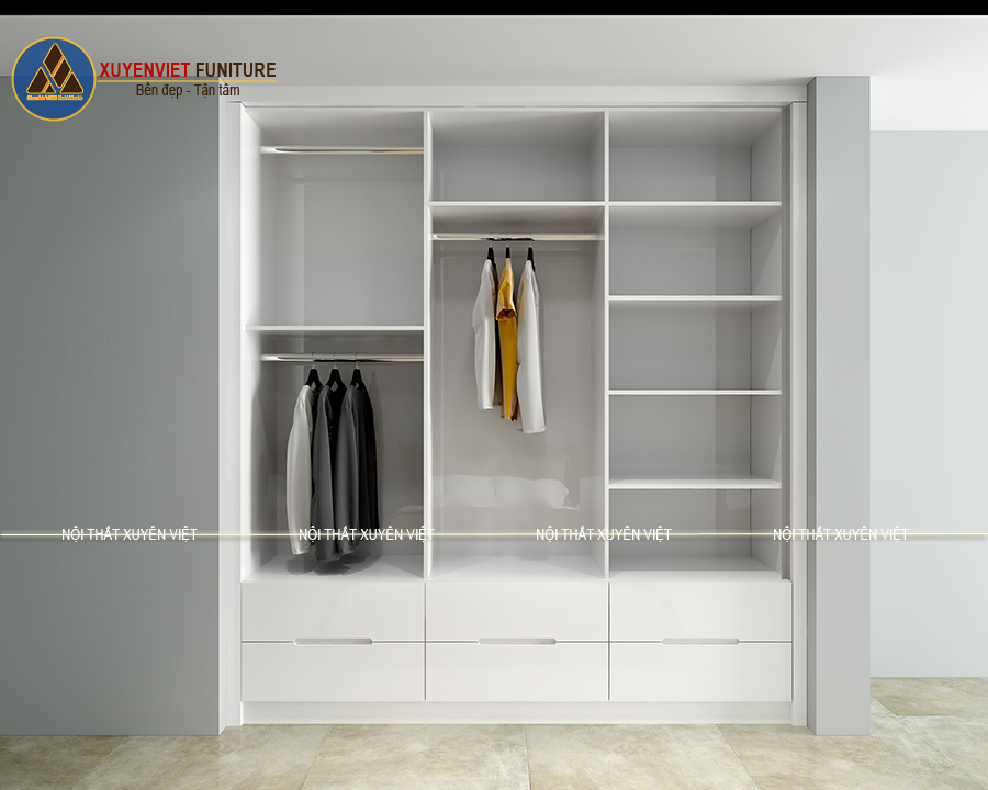 Đi cùng mẫu tủ quần áo thứ 1 là mẫu tủ quần áo tone trắng xinh xắn phòng thứ hai cũng được gia đình anh Huy sử dụng tone trắng đẹp mắt