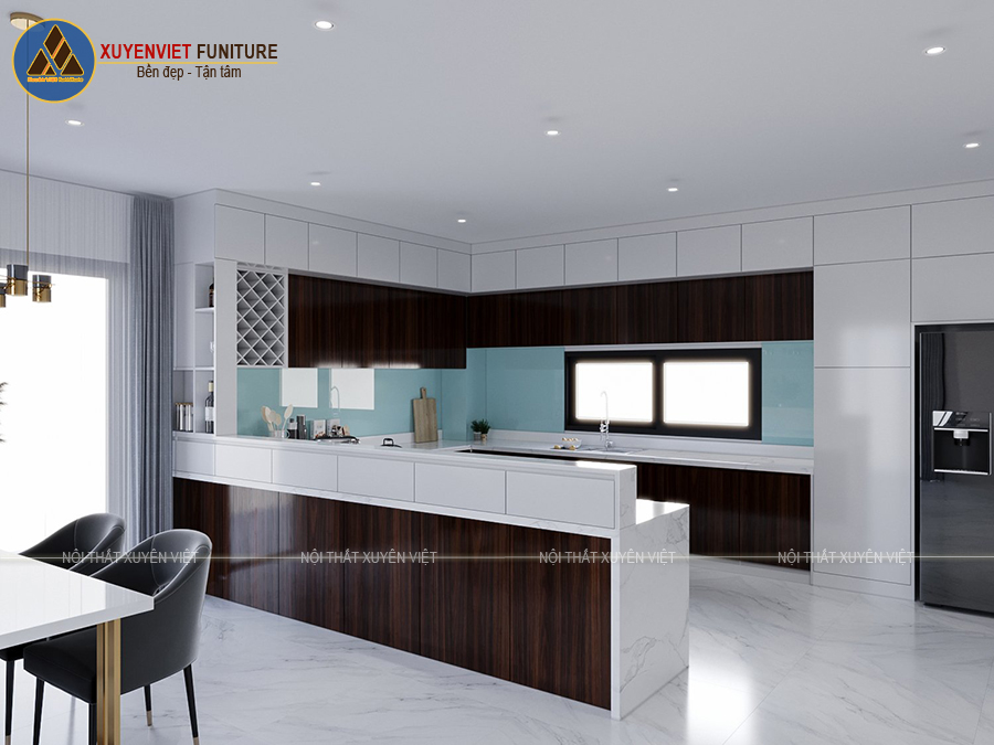 Hình ảnh mẫu tủ bếp phủ laminate bóng gương nhà chị Thanh - Quận 9