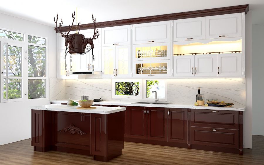 Vẻ đẹp thanh lịch của hệ tủ bếp tân cổ điển tone trắng nâu nhà thầy Mạnh