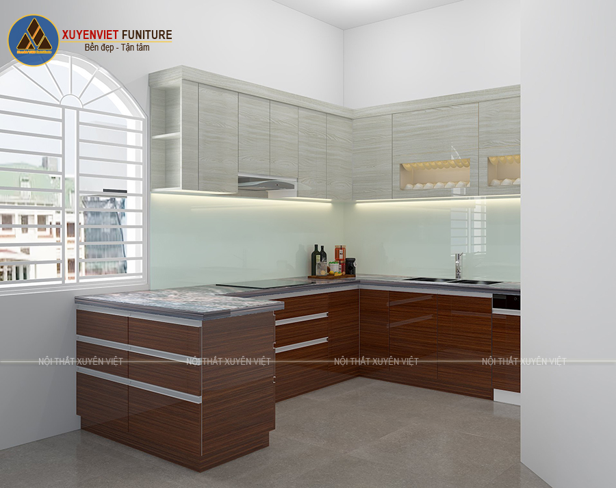 Hệ tủ bếp nhựa có bàn đảo phủ acrylic nhà anh Hoàng Hợp - Gò Vấp