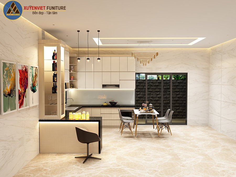 Hệ tủ bếp bằng nhựa phủ vân giả gỗ laminate nhà anh Sơn - Đồng Tháp