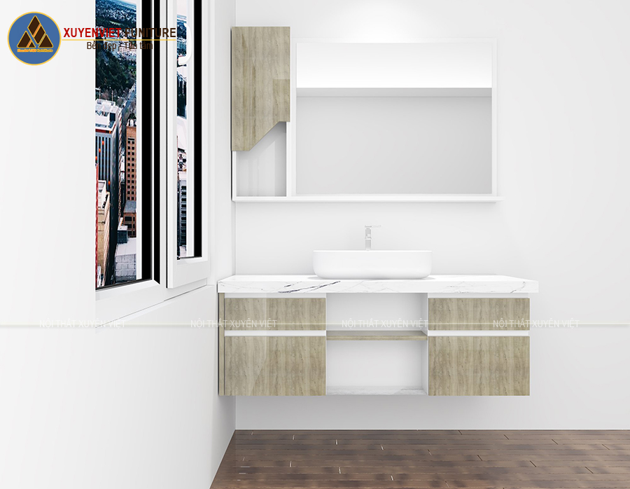Hình ảnh mẫu tủ lavabo phủ laminate giả vân gỗ nhà chị Hằng