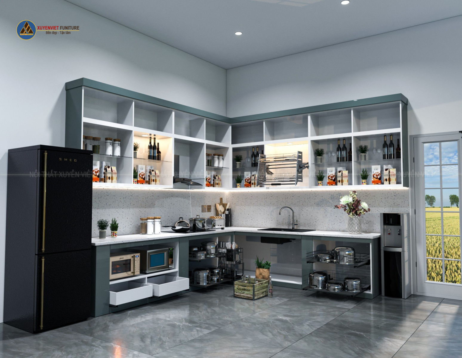 kiểu dáng tủ bếp sơn men bóng