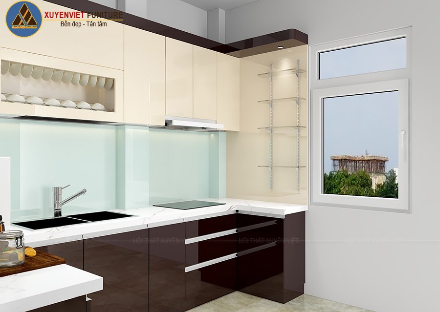 Hệ tủ bếp bằng nhựa phủ acrylic hiện đại nhà anh Dũng
