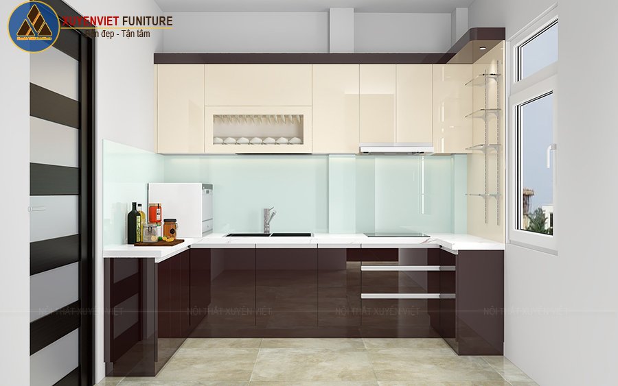 Mẫu tủ bếp acrylic bóng gương đẹp nhà anh Dũng – quận 10