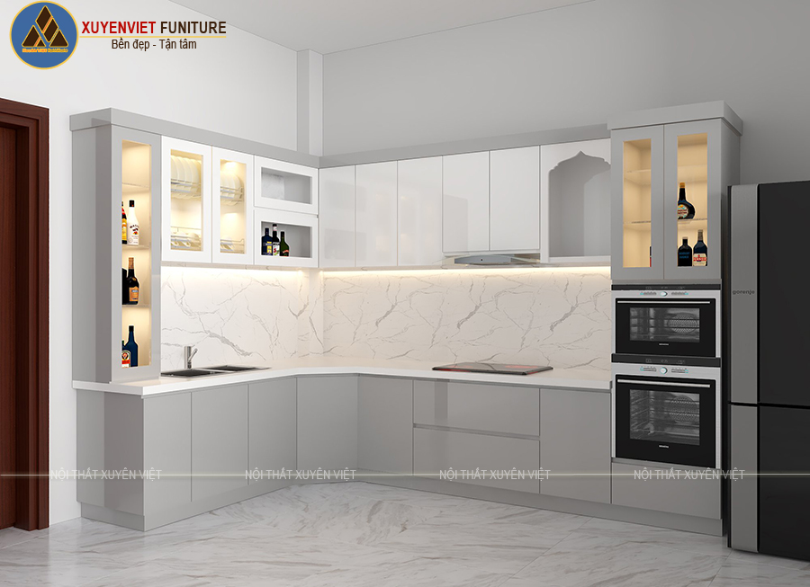 Hình ảnh tủ bếp bằng nhựa phủ acrylic bóng gương nhà chú Thanh - Bình Tân