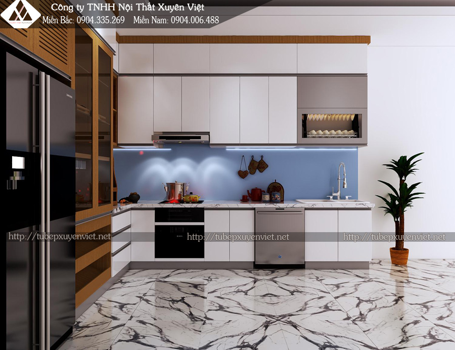 Mẫu tủ bếp Laminate kết hợp Sơn men bóng ô tô Xuyên Việt nhà anh Minh - Hải Phòng 2
