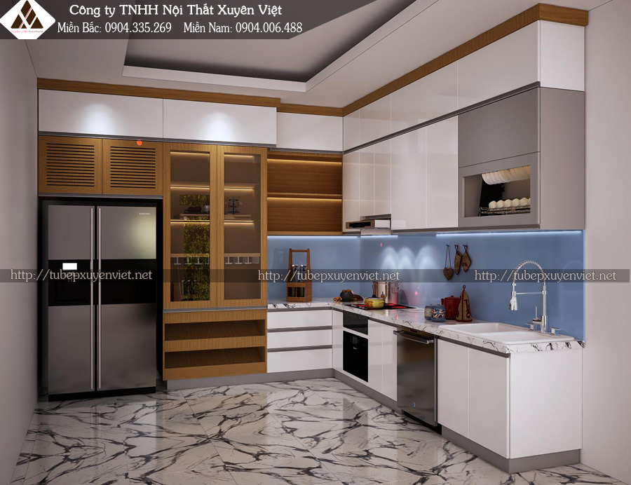 Mẫu tủ bếp Laminate kết hợp Sơn men bóng ô tô Xuyên Việt nhà anh Minh - Hải Phòng