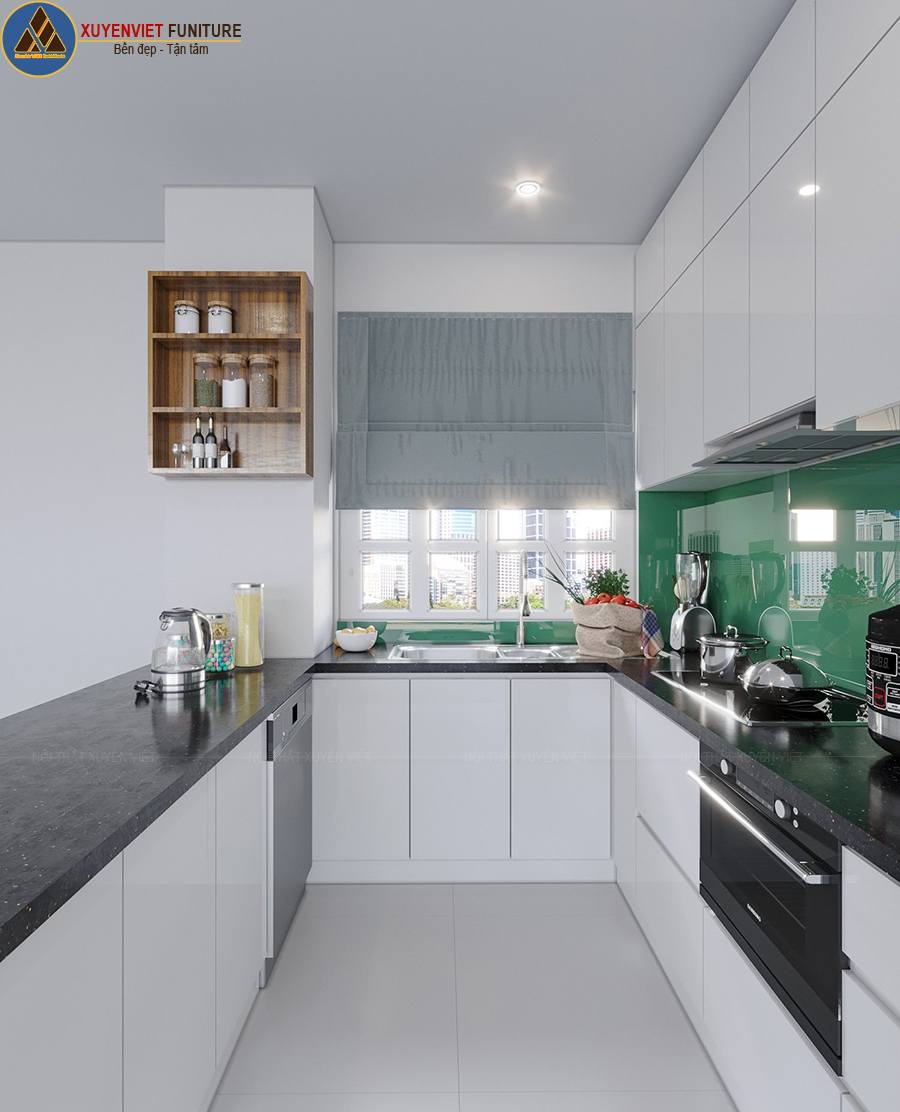 Tủ bếp nhựa cánh phẳng hiện đại màu trắng nhà chị Nga - quận 7