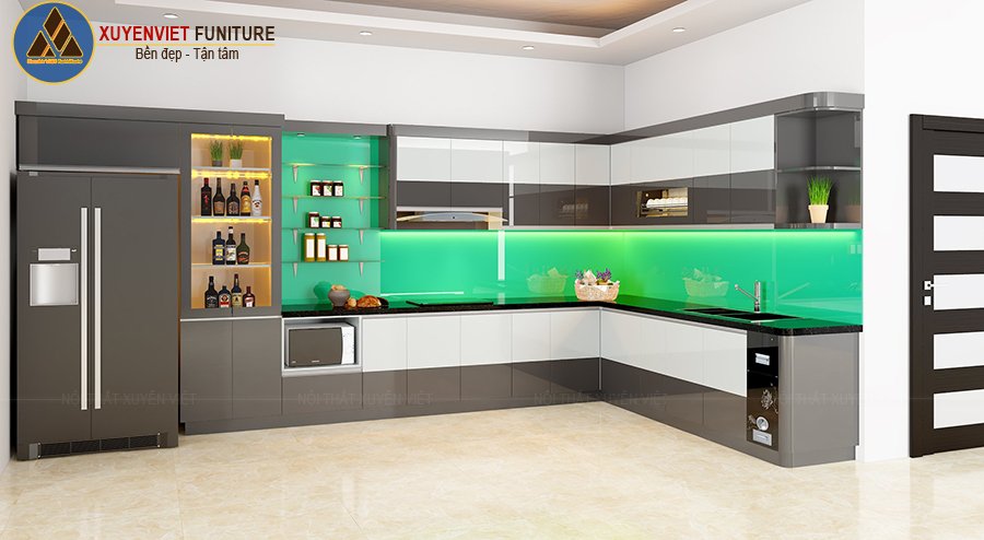 Thi công tủ bếp nhựa line 2 màu xanh trắng nhà chú Hùng – Hải Phòng