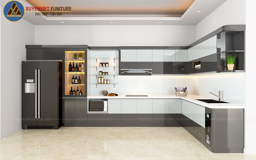 Tủ bếp bằng nhựa đẹp sơn men bóng oto line 2 màu nhà chú Hùng