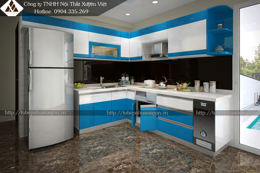 Tủ bếp nhựa đẹp sơn men bóng oto nhà chị Hoa – Bình Tân