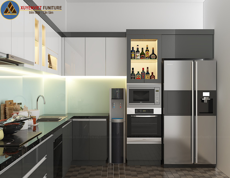 Mẫu tủ bếp nhựa tone màu ghi trắng hiện đại nhà anh Tâm -Đồng Nai