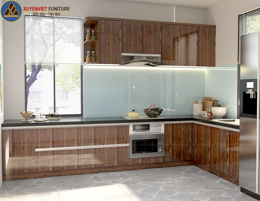 Tủ bếp acrylic vân giả gỗ hiện đại nhà chị Kim – Quận 9