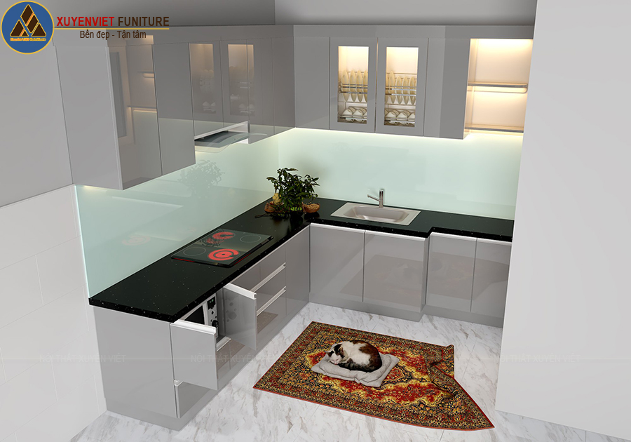 Tủ bếp chữ L hiện đại tone ghi nhà chú Phương